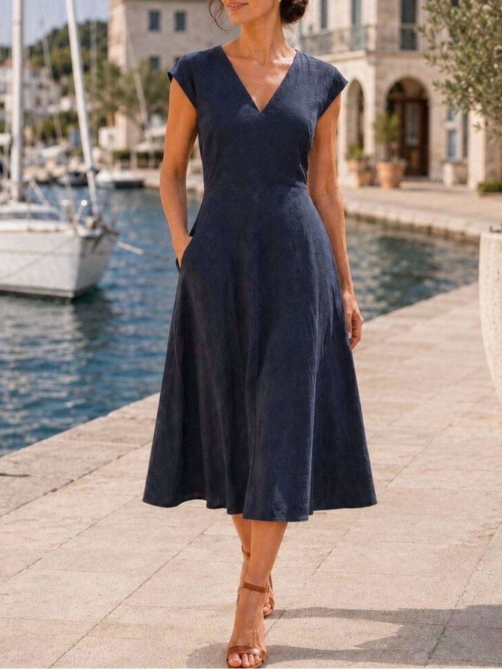 Banana Republic Factory Linen Blend   V-Neck Midi Dress Navy 12 Classic Capsule